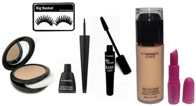 

big basket Eyelashes, studio fix Compact,Studio WaterWeight Liquid Foundation,Waterproof Eyeliner&180 Warp Lenght Upward lash Mascara, MAC GiAMBATTiSTA VALLi Paris Lipstick(Set of 6)