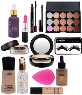 

studio Mineralize Foundation And Prep+Prime Highlight,S.Fix Compact,Face Loose powder,Matte Finish Long Lasting Lipstick,Concealer Palette,Concealer,Smoothing primer,Double Effect mascara,Pen Eyeliner,Face Serum,Eyelashes,Sponge puff(Set of 12)