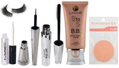 

Professional kit Sponge Puff & Eyelashes, Lakme 9 To 5 B B Cream, Mac Brookcandy Eyeliner & Mascara With Gliter Eyeliner(Set of 6)