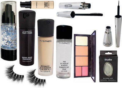 

studio Silicon Puff, Mac Skin Cavial Primer,Matchmaster Foundation, Eye Make up remover, Prep+prime Moisture Infusion Serum, Viva Glam 2 Shade Blush + Compact, Pro Long Wear Concealer, Brook Candy Eyeliner, Mascara With Eyelashes(Set of 10)