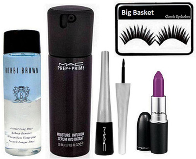

big basket Eyelashes, Prep+Prime Moisture Infusion Serum , Lipstick Matte Heroin Finish Long Lasting, Liquid Eyeliner, Bobbi Brown Instant Long Wear Makeup Remover(Set of 5)