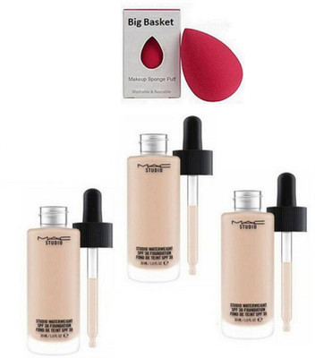 

big basket Sponge Puff & studio waterweight Foundation (Pack of 3) Of Mac(Set of 4)