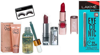 

Fancify Eyelashes&Lakme Enrich Lipstick&9to5 Lipstick&Mousse Travel Pack&Eyeconic&Gold Radiance Face Serum(Set of 6)