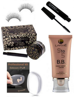 

PROFESSIONAL KIT Silicon Puff,Eyelashes with Mac Fluid line Gel Eyeliner,9to5 B.B Bright Benefit Creame(Set of 5)
