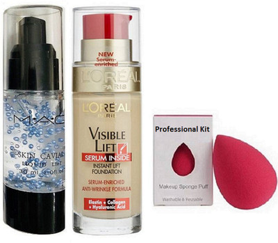 

Professional kit Sponge Puff, Mac Skin Cavial Primer, L'oreal Paris visible Lift Serum Inside Instant lift Foundation(Set of 3)