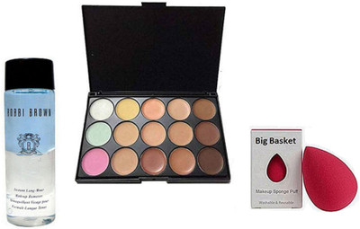 

big Basket Sponge Puff, Mac 15 Shades Concealer Palette, Bobbi Brown Instant Long Wear Makeup Remover(Set of 3)