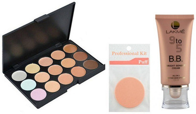 

Professional kit sponge puff & mac concealer palette in 15 shades and 9 to 5 B.B Bright Benefit cream(Set of 3)