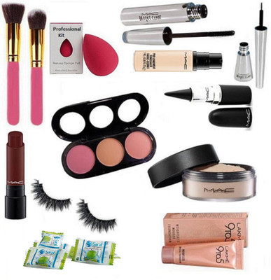 

Professional kit Sponge Puff, Mac 3 Shade Blusher, Loose Powder, Pro Long wear concealer, Stick Kajal, Brook Candy Liner & Mascara, Liptensity Lipstick, 9to5 Weightless Mousse Foundation, Make up Brush 2 With Eyelashes and Magic Napkin Pack of 3(Set of 15