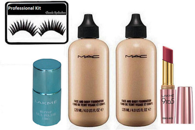 

Professional kit Eyelashes & Mac Face and Body Foundation Pack of 2 & 9 to 5 primer matte Lipstick, Mirror Nail Polish(Set of 5)