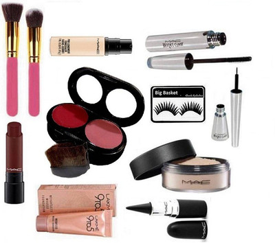 

big basket Eyelashes, Mac 2 shade blusher,Brooke Candy Liner&Mascara,Stick Kajal,Pro long Wear Concealer,Liptensity Lipstick,Losse powder,9to5 Mousse Foundation,Brush(Set of 11)