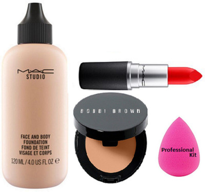 

professional kit sponge puff & Mac studio Face And Body foundation with long lasting lipstick with bobbi brown corrector concealer(Set of 4)