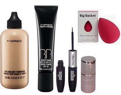 

big Basket Sponge Puff, Mac Face & Body Foundation, Prep+Prime BB Beauty Blam Spf 35 Creme Teintee, Colorbar Waterproof Mascara & Eyeliner, Mirror Nail Paint(Set of 5)