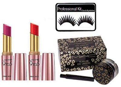

Professional Kit eyelashes & 9 to 5 primer+matte finish long lasting lipstick (set of 2) and fluidline eyeliner gel(Set of 4)