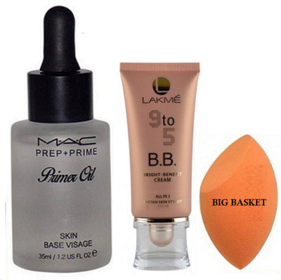 

big Basket SPONGE PUFF WITH MAC PREP+PRIME PRIMER OIL WITH LAKME B.B. BRIGHT BENEFIT CREAM(Set of 3)