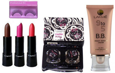 

Professional Kit Eyelashes, Hello Kitty Double Effect Gel Eyeliner,9 to 5 B.B Bright Benefit , Retro Matte Lipstick Set Of 3,(Set of 6)