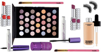

Studio Makeup Brush And Eyelashes With Mac Waterweight Foundation,32 Eye shadow Palette,Lakme Liquid Eyeliner And Mascara,Mirror Nail Polish And Matte Finish Long Lasting Lipstick 2 Diffrent Shades(Set of 10)