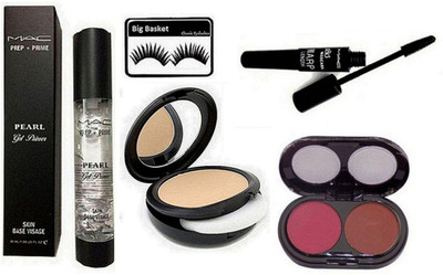 

big Basket Eyelashes, Mac Prep+Prime Pearl Gel Primer, 2 Shades Blusher, Mac 180 Wrap Length Mascara, Studio Fix Powder Plus Compact(Set of 5)