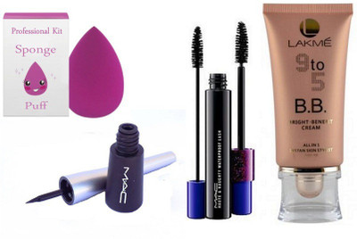 

Professional kit Sponge Puff & Mac liquid Eyeliner, Haute and Naughty Double Effect Mascara and 9 to 5 B.B Bright - Benefit cream(Set of 4)