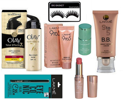 

big Basket Eyelashes,9to5 Mousse Foundation,Eyeconic.K & nail polish With matte Finish long lasting lipstick & Olay anti-Ageing Cream&9TO5 bright benefit creame (Set of 7)(Set of 7)