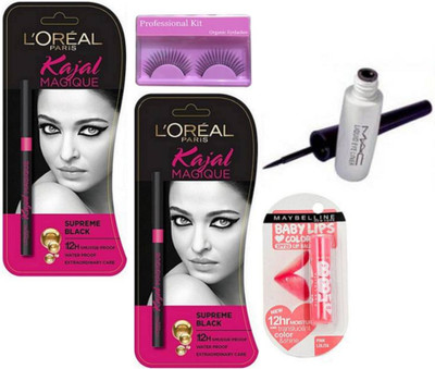 

Professional kit eyelashes & paris magique kajal ( set of 3) & mac liquid last eyeliner & new york lip blam(Set of 4)