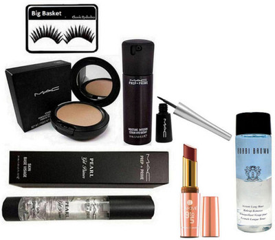 

big basket Eyelashes, Mac Prep+Prime Moisture Infusion Serum Hydratant, Mac Studio fix Powder Plus foundation, Mac Prep+Prime Pearl Gel Primer, Liquid Eyeliner, 9 To 5 Matte Maroon Lipstick, Bobbi Brown Instant Long Wear Makeup Remover(Set of 7)