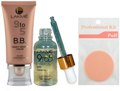 

Professional kit Make Up Puff(In Multicolor), Lakme 9 to 5 B. B. Cream With Gold Radiance Face Serum(Set of 3)