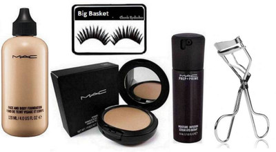 

big basket Eyelashes, Face & Body Foundation, Studio fix Powder Plus foundation , Prep+Primer with eyelash curler(Set of 5)