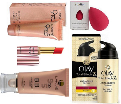 

studio Sponge Puff With 9to5 Prime+ Matte Lipstick With BB Bright Benefit Cream And Mousse Foundation 6 gm,olay Total Effect Anti Ageing Cream(Set of 5)