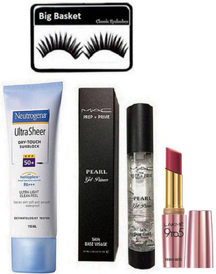 

big basket Eyelashes, Prep+Prime Mac Pearl Gel Primer, Ultra Sheer Neutrogena Sunblock Cream, 9to5 Matte Lipstick(Set of 4)