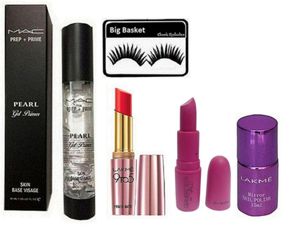 

big Basket Eyelashes, Prep+Prime Pearl Gel Primer, GiAMBATTiSTA VALLi Paris Lipstick Milan Mode, 9to5 Matte Lipstick, Mirror Nail Paint(Set of 5)
