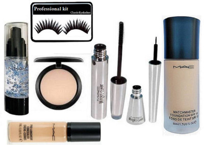 

Professional Kit eyelashes ,mac match master foundation , skin caviar primer , brooke candy eyeliner & mascara & studio fix powder compact with pro long wear liquid concealer(Set of 7)