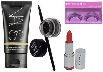 

Professional kit Eyelashes, Nars Pure Radiant Tinted Moisturizer Sunscreen, Gel Eyeliner, Colorbar Lipstick(Set of 4)