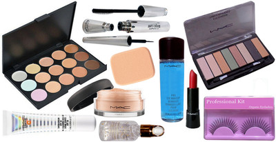 

Professional kit Eyelashes & Mac Lightful Tinted Cream, Loose Powder Compact, Pro Eye Make Up Remover Water, Retro Lipstick, Smoothing Perfect Primer, 15 Shade Concealer Palette, 8 Shade Eyeshadow Palette, Brookcandy Eyeliner & Mascara, Make Up Puff(Set o