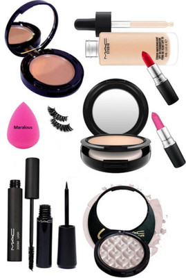 

marvalous Sponge Puff WIth Mac Studio Fix Compact, Waterweight Foundation, Zoom Lash Mascara, Waterproof Eyeliner, Selena Illuminator, Pink and Red Shade Lipstick, Bobbi Brown Corrector Concealer With Eyelashes(Set of 10)