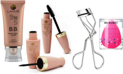 

big Basket SPONGE PUFF , lakme 9 to 5 B.B. bright benefit all in 1 instan skin stylist , liquid eyeliner & mascara with eyelash curler(Set of 5)