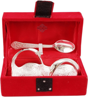 IndianArtVilla Silver Plated Gift Pack of 1 Platter with 1 Spoon,Diwali Item,Festival Use Silver Plated Decorative Platter(Silver, Pack of 2)