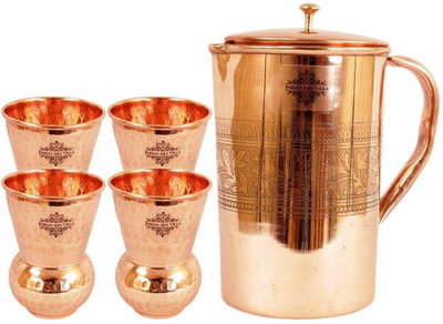 IndianArtVilla Copper Set of 1 Embossed Designer Jug Pitcher 1750 ML with 4 Hammered Glass 375 ML each - Storage Drinking Water Serveware Jug Glass Set(Copper)