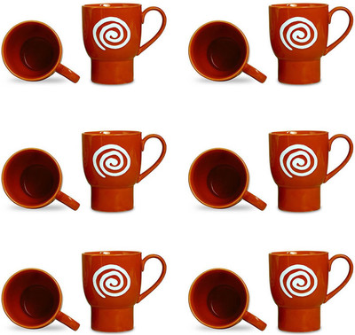 

caffeine Coffee Stoneware in Orange & White Doodle Platform (Set of 12) Handmade Ceramic Mug(300 ml, Pack of 12)
