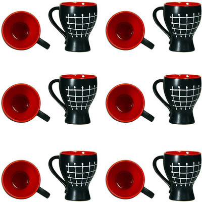 

caffeine Coffee Stoneware in Black & Red Check Assorted (Set of 12) Handmade Ceramic Mug(300 ml, Pack of 12)