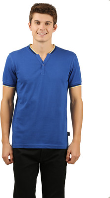 zebu Solid Men Henley Neck Blue T-Shirt