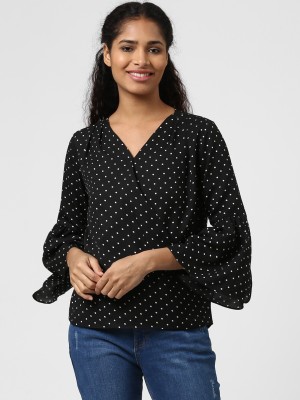 HARPA Casual Bell Sleeve Printed Women Black Top