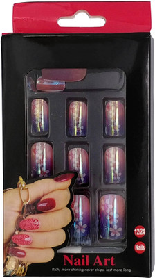 

One Personal Care Buttercup Flower Inspired Chrome Finish Square Oval Tip Enhancement with Nail Glue UBB010-22 Pink, Purple, Blue(Pack of 12)