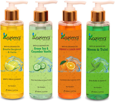 

KAZIMA Breathe Bergamot & Vanilla Bath Gel + Strawberry & Vitamin E Shower Gel + Orange & Lemon Mint Shower Gel + Neem & Tulsi Luxury Body Wash (4PCS of 200ml)(200 ml, Pack of 4)