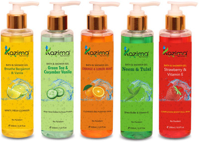 

KAZIMA Breathe Bergamot & Vanilla Bath Gel + Strawberry & Vitamin E Shower Gel + Orange & Lemon Mint Shower Gel + Neem & Tulsi + Green Tea & Cucumber Vanilla Luxury Body Wash (5PCS of 200ml)(200 ml, Pack of 5)