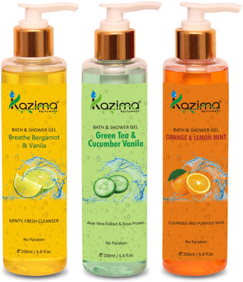 

KAZIMA Breathe Bergamot & Vanilla Bath Gel + Strawberry & Vitamin E Shower Gel + Orange & Lemon Mint Shower Gel & Luxury Body Wash (3PCS of 200ml)(200 ml, Pack of 3)
