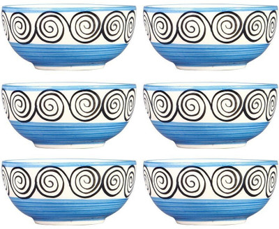 

caffeine Dining Dessert Bowl in Blue Doodle Ceramic Bowl Set(Blue, Pack of 6)