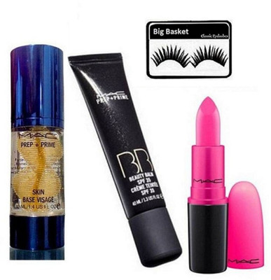 

big basket Eyelashes, Mac Prep+Prime Skin Base Visage Primer,BB Cream & Candy Yumyum Lipstick(Set of 4)