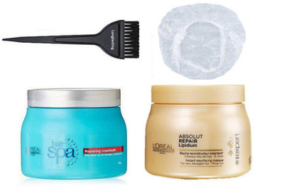 

Longlasting Hair brush,loreal Imported absolut spa Hair Cream And Repairing Creambath Hair Spa& Shower cap(Set of 4)