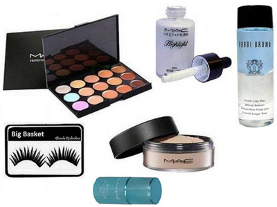 

big basket Eyelashes, Mac 15 shade concealer palette,Prep + Prime Skin Base Visage Highlighter White,Mac Loose powder,Nail polish, Bobbi Brown Instant Long Wear Makeup Remover(Set of 6)