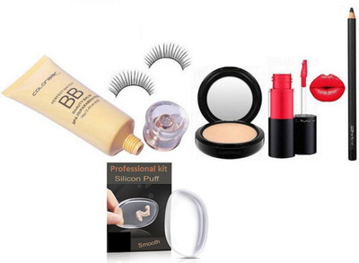 

professional kit Silicon Puff,Mac studio fix Compact, Lip gloss, Pencil Kajal With Colorbar perfect Match BB foundation, Eyelashes(Set of 6)